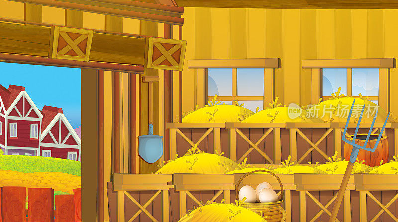 Cartoon scene with wooden chicken coop for hen and eggs - bright illustration